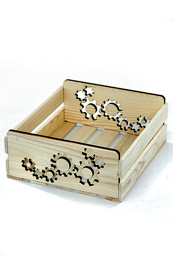 Коробка деревянная 125/613-93 лоток прямоуг. с резными ручками- шестеренки / ПОД ЗАКАЗ