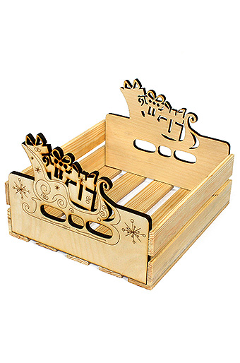Коробка деревянная 125/X708-93 лоток прямоуг. с резными ручками- нов.год сани с подарками / ПОД ЗАКАЗ